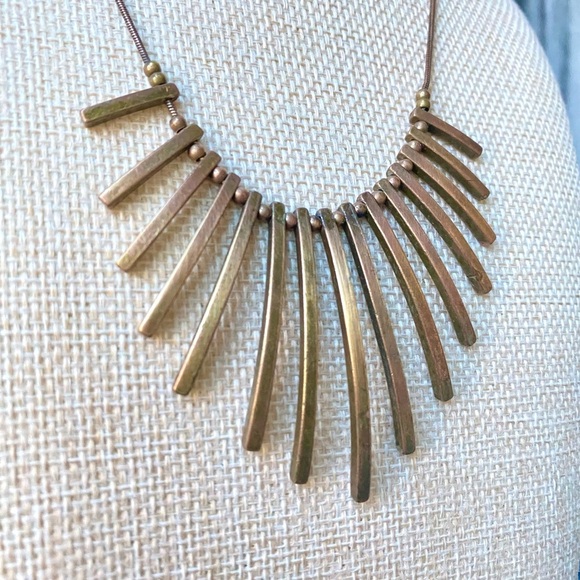 Vintage Modernist Bronze Brass Fan Bar Fringe Bib Necklace Estate - Picture 2 of 4